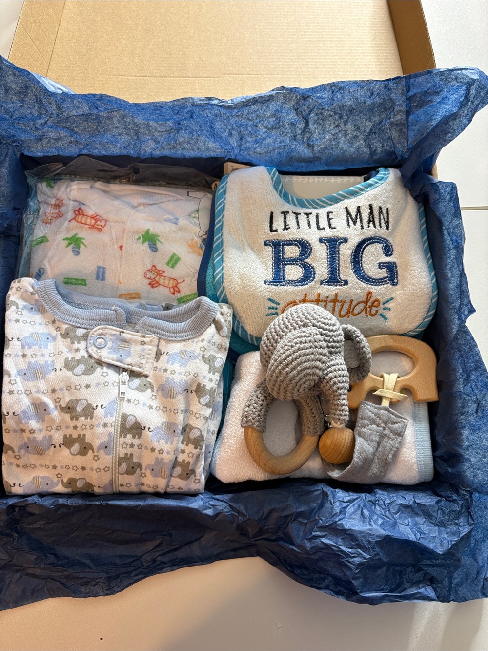 Swiggles Little Man Bib in Blue and White with Gray Elephant Rattle